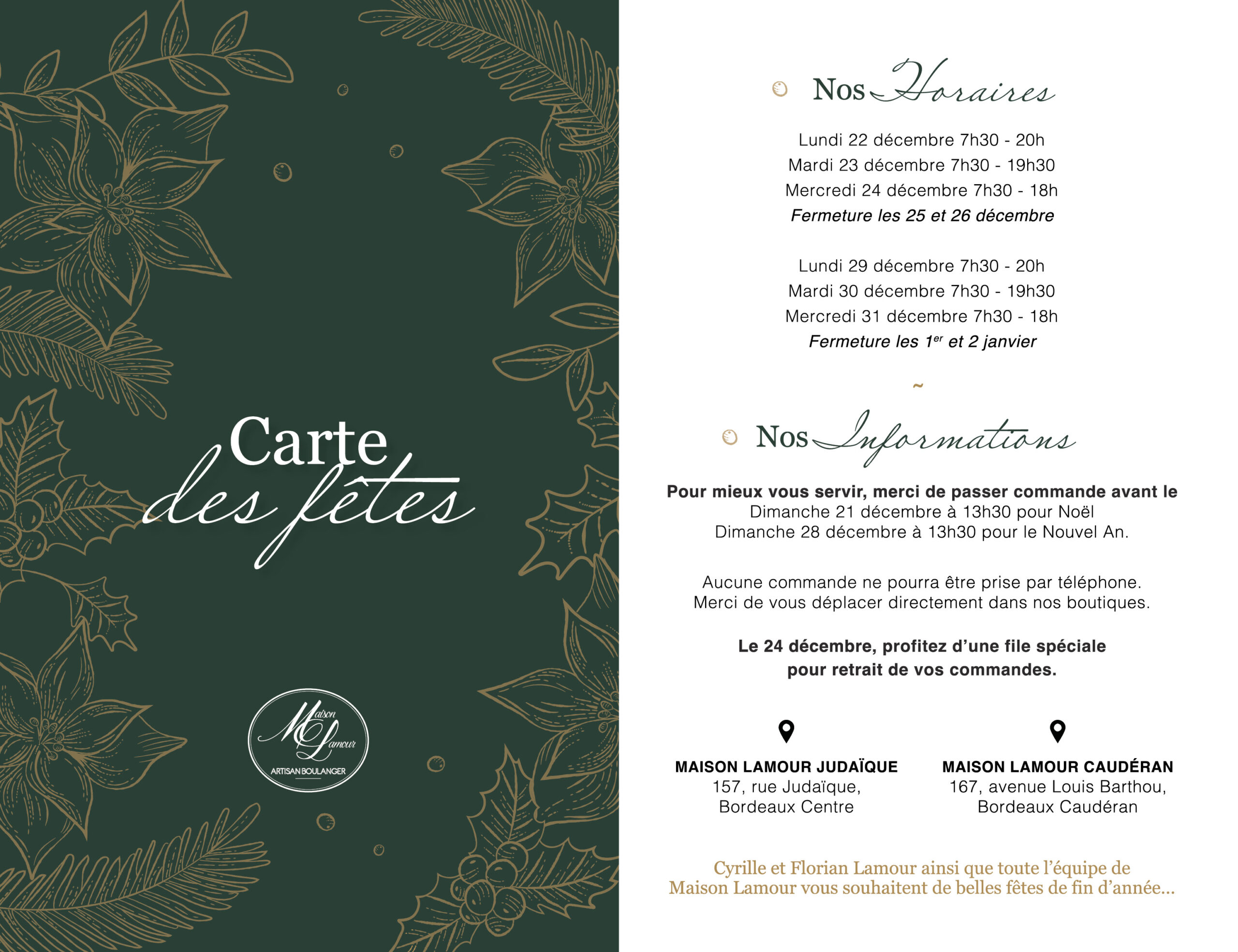 Carte des fêtes maison Lamour volet 1 Bordeaux pâtisserie boulangerie buches de noel chocolat plateaux apéritif pain