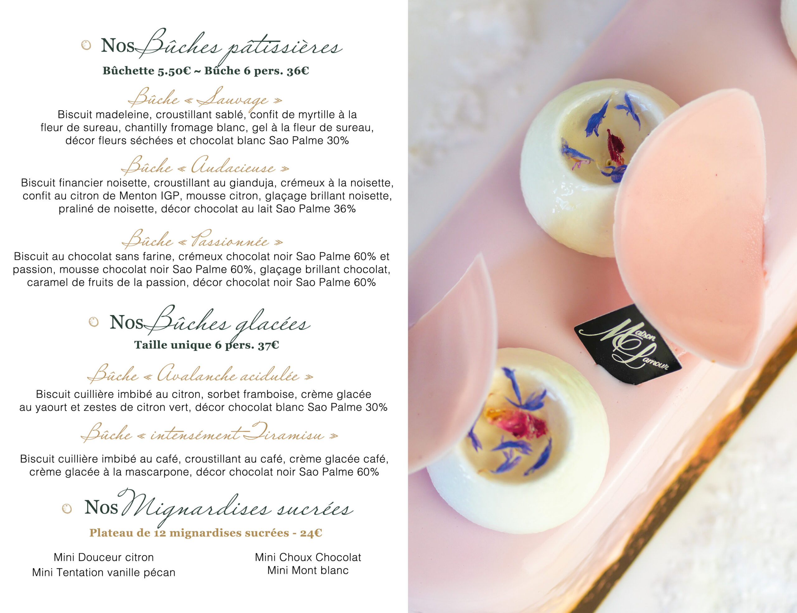 Carte des fêtes maison Lamour volet 2 Bordeaux pâtisserie boulangerie buches de noel chocolat plateaux apéritif pain